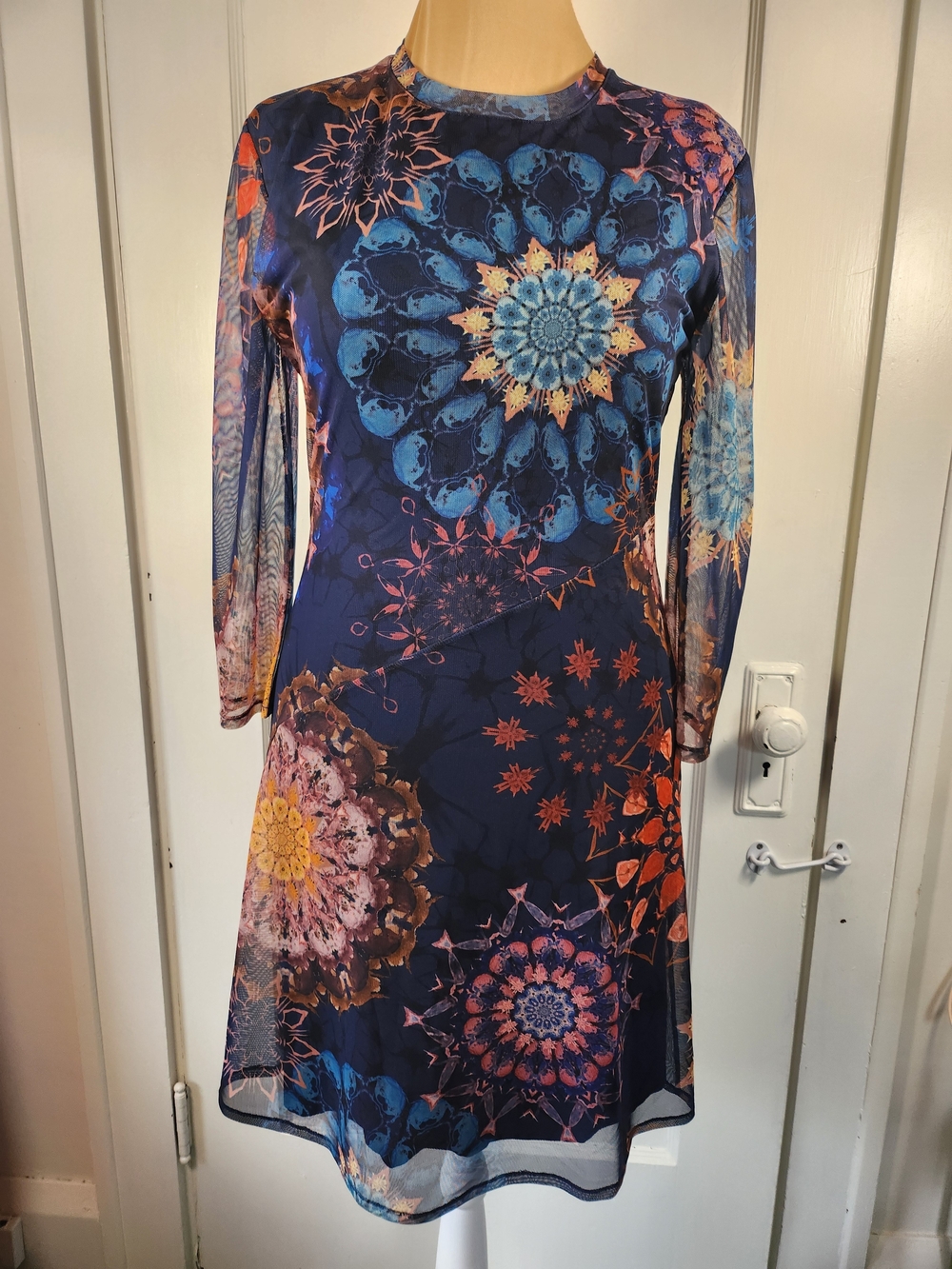 Desigual Sz L Mandala Bias Mesh Long Sleeve Navy Dress